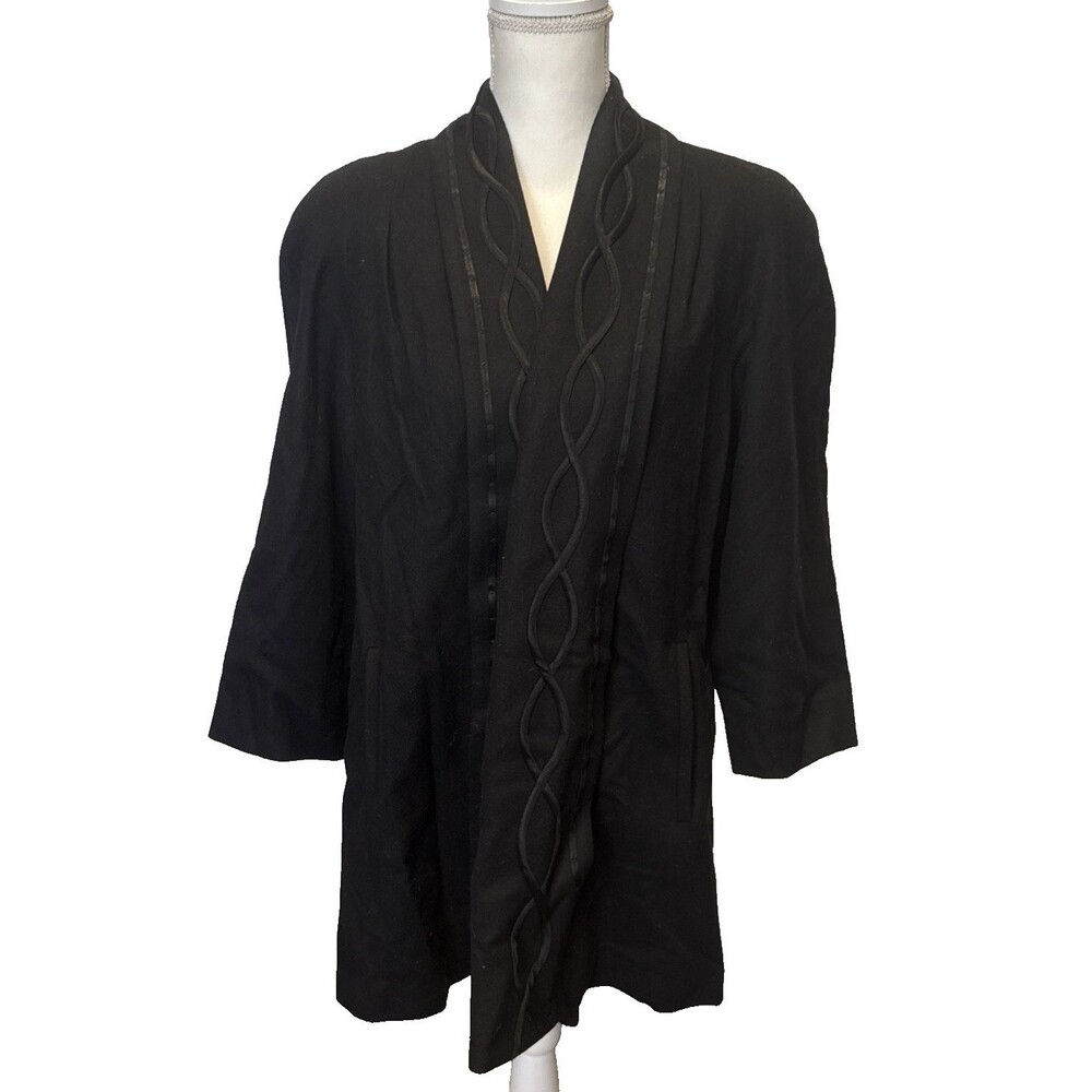 Alorna Petite Medium Shawl Collar Wool Coat Ribbon Trim Made in USA Crop Sleeve